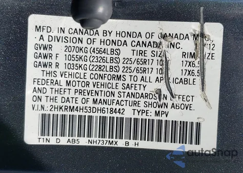 2013 Honda Cr-V Ex z USA, uszkodzony, nr VIN 2HKRM4H53DH618442